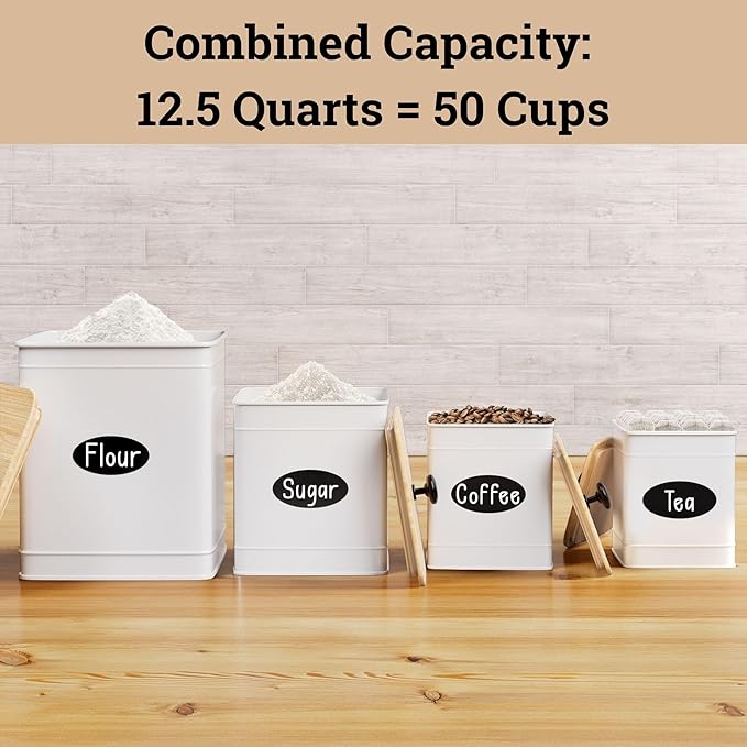 Kitchen Canisters for Countertop Set of 4 with Customizable Chalkboard Labels & Marker Pen - Big Iron Kitchen Canisters with Airtight Lids - Canisters Sets for the Kitchen - White Kitchen Canister Set