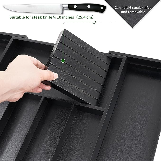 VaeFae Premium Bamboo Silverware Drawer Organizer Kitchen, Expandable Utensil Organizer with Knife Block, Cultery Tray with Divider for Flatware (Black)