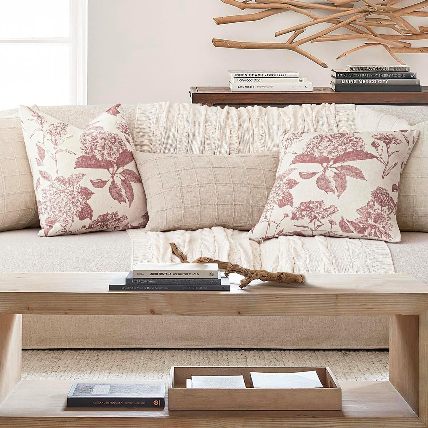 Foindtower Set of 2 Linen Floral Vintage Throw Pillow Covers Neutral Accent Print Decorative Cushion Covers Farmhouse Home Decor for Sofa Chair Couch Bedroom Living Room Outdoor,22×22 Inch,Dark Pink