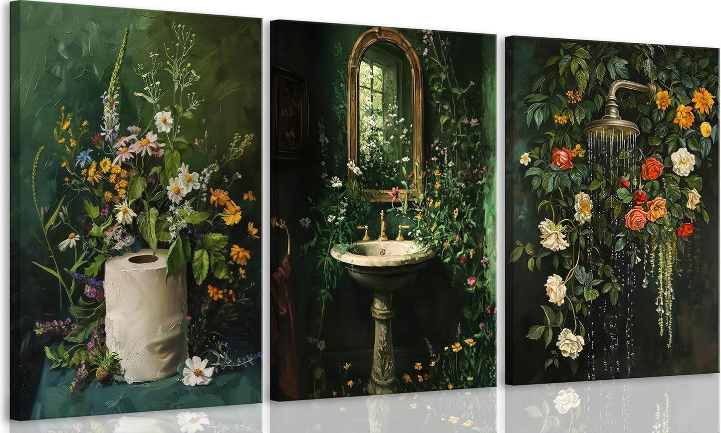 3Pcs Framed Vintage Dark Green Bathroom Wall Art Shower Toilet Paper Roll Floral Poster Print Modern Farmhouse plants Painting Picture Wall Decor For Bathroom Living Room Decoration