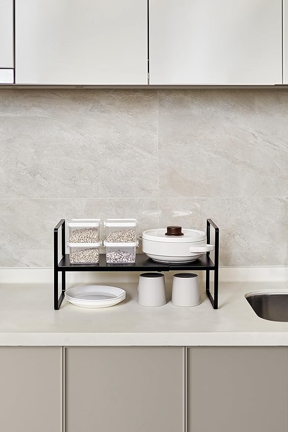 Nxconsu Cabinet Shelf Expandable Height Adjustable Shelf Organizer Riser for Kitchen Cabinet Pantry Cupboard Under Sink Countertop Organization Storage Space Saver Stackable Heavy Duty Metal Black XXL