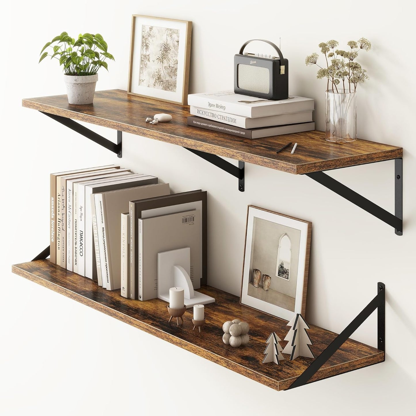 Fun Memories 40 Inch Floating Shelves, 10 Inch Deep Wall Shelf, 40 x 10 Floating Shelf Set of 2, Wood Floating Shelf Wall Mounted, Large Kitchen Living Room Bedroom Storage Shelves, Rustic Brown