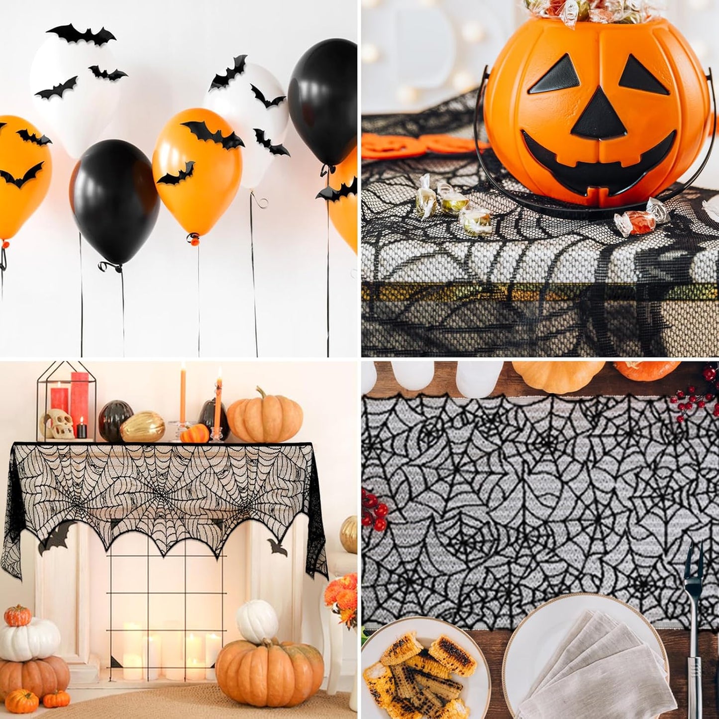 ZeeDix 39 Pcs Halloween Decorations Kit Black Lace Spiderweb Round Tablecloth Table Runner, Giant Spider Cobweb Fireplace Scarf with 36PCS Scary 3D Bats Wall Stickers for Halloween Party Decor