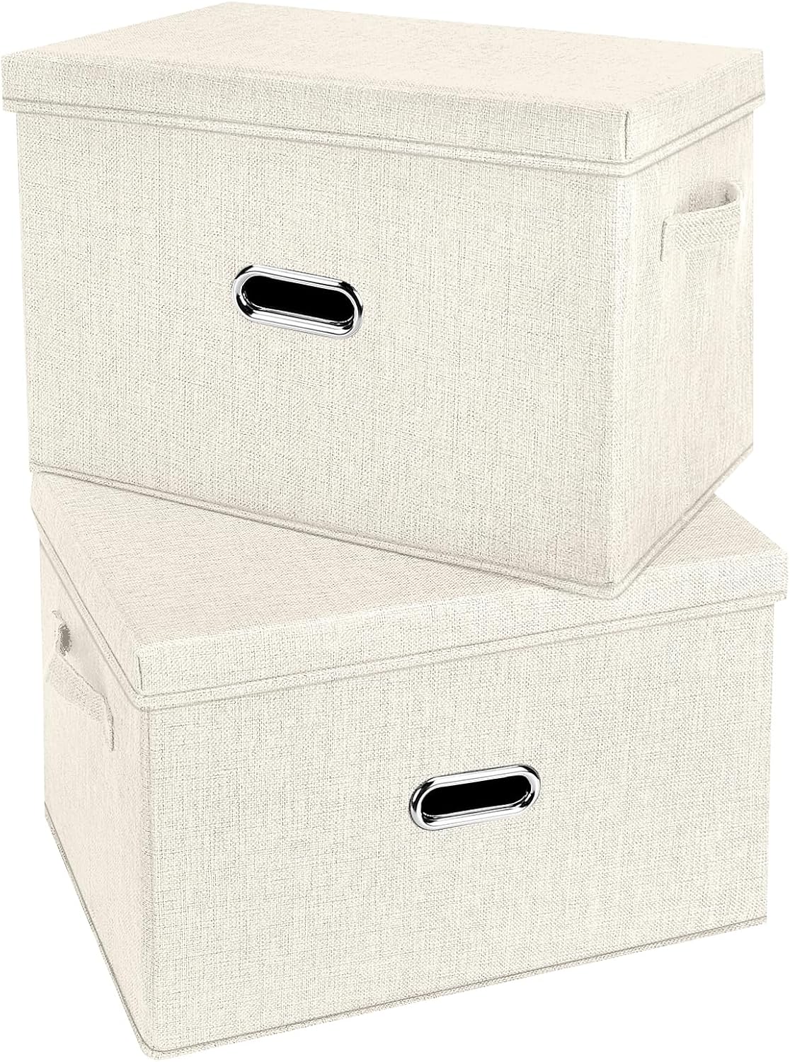 Large Linen Fabric Foldable Storage Bins with Removable Lid and Handles, Washable Storage Box Organizer Containers Baskets Cube with Cover for Bedroom,Office(Cream, Medium(2-Pack))