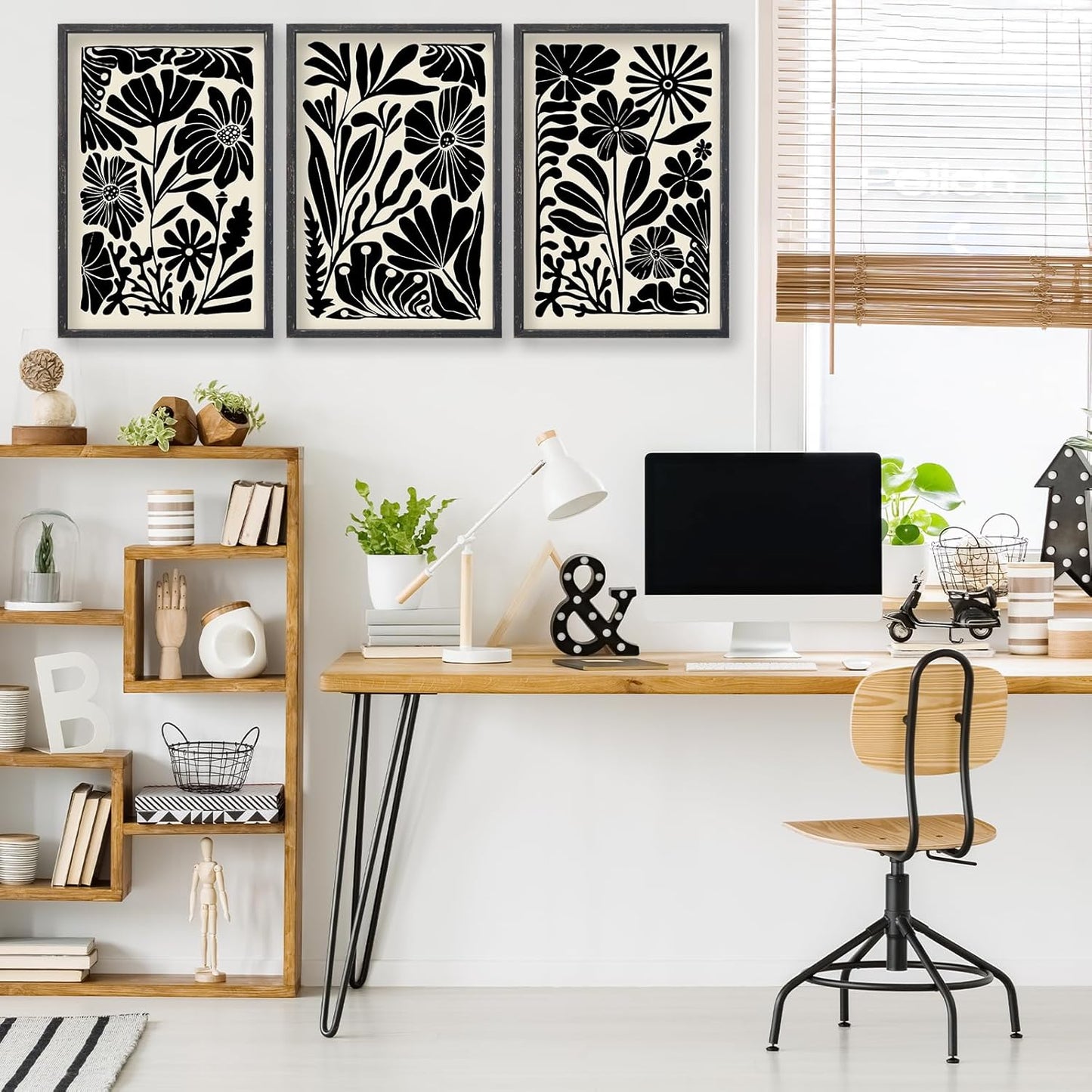 Abstract Floral Botanical Wall Art 16x24 Inch 3 Piece Black Vintage Boho Plant Flower Minimalist Wood Frame Sign Home Living Room Family Office Mid Century Print Wall Hanging Decor (Black)