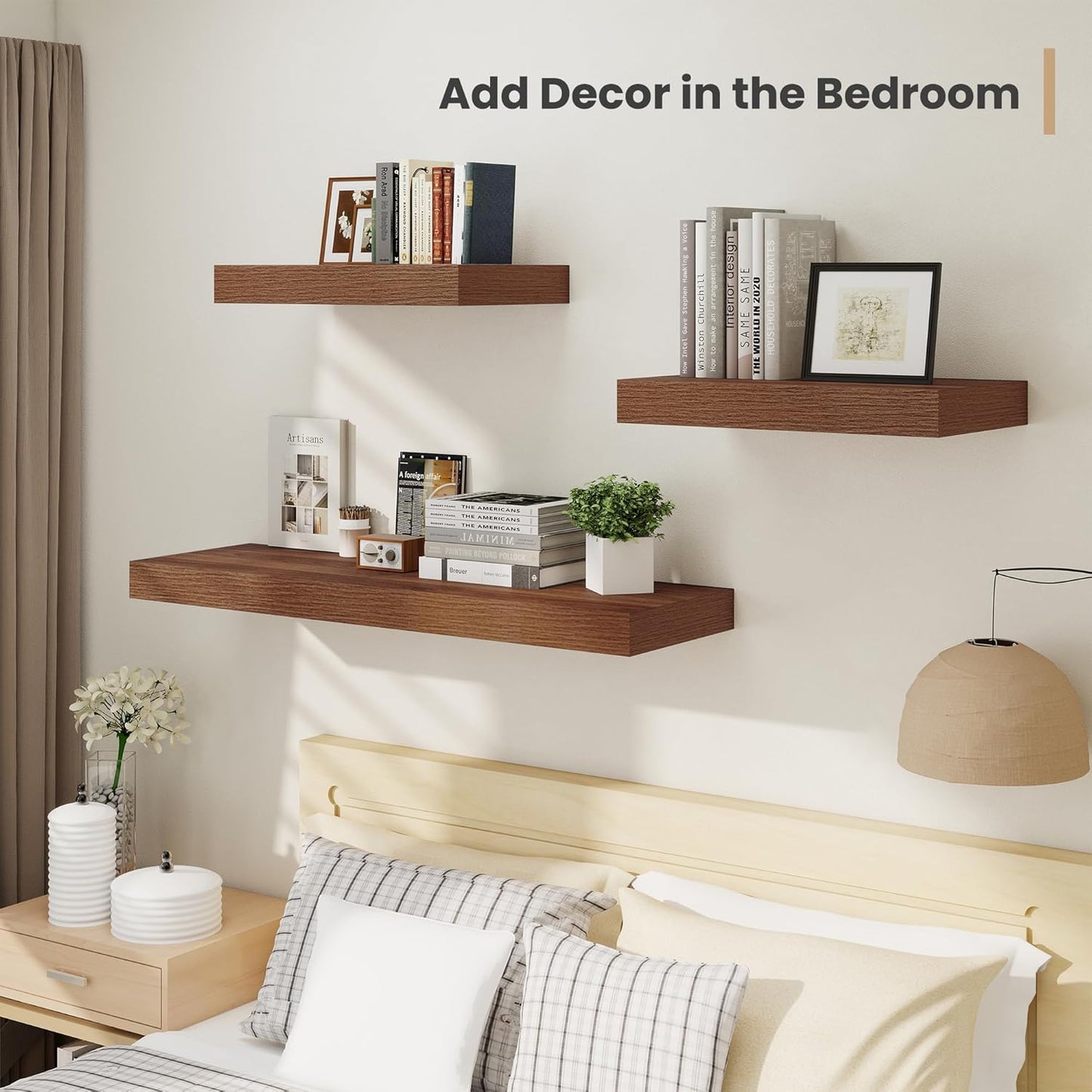 Heimlove 12 Inch Deep Floating Shelves, 48 x 12 inches Long Wall Shelf, Large Display Shelf & Storage Shelf, Rustic Wood Wall Shelves for Fireplace Mantel, Set of 2(Walnut)