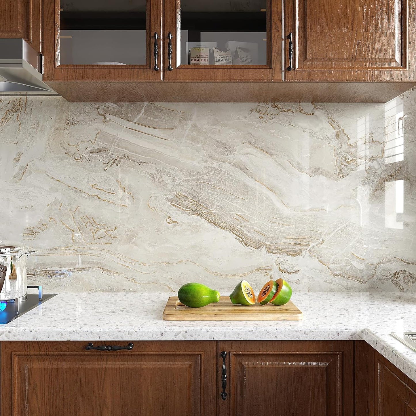 VEELIKE Wide 32''x354'' Beige Gold Marble Contact Paper for Countertops Peel and Stick Waterproof Countertop Vinyl Wallpaper for Kitchen Bathroom Glossy Marble Wallpaper Peel and Stick for Walls Table