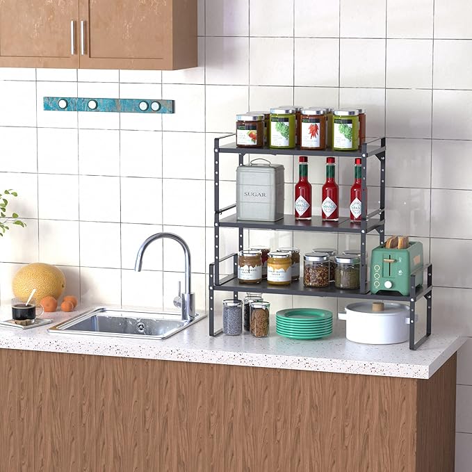 iPEGTOP Expandable Cabinet Storage Shelf Organizer Rack, Heavy Duty Cupboard Stand Spice Rack Adjustable Height Pantry Garage Shelf Space Riser for Counter Kitchen Organization, Black, 1 Pack