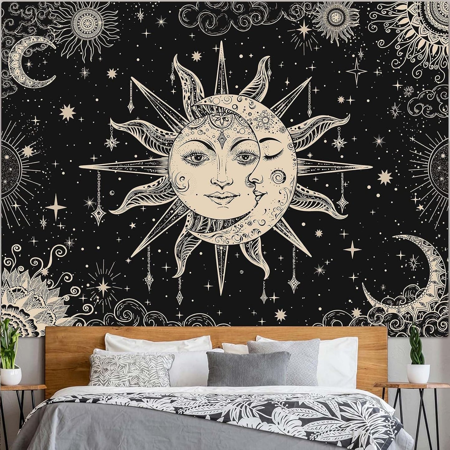 Lunerfex Sun and Moon Tapestry Mandala Wall Tapestry, Vintage Tapestries for Bedroom Ceiling Tapestries Wall Hanging for Bedroom Living Room Decor Sun-2 60"x80"