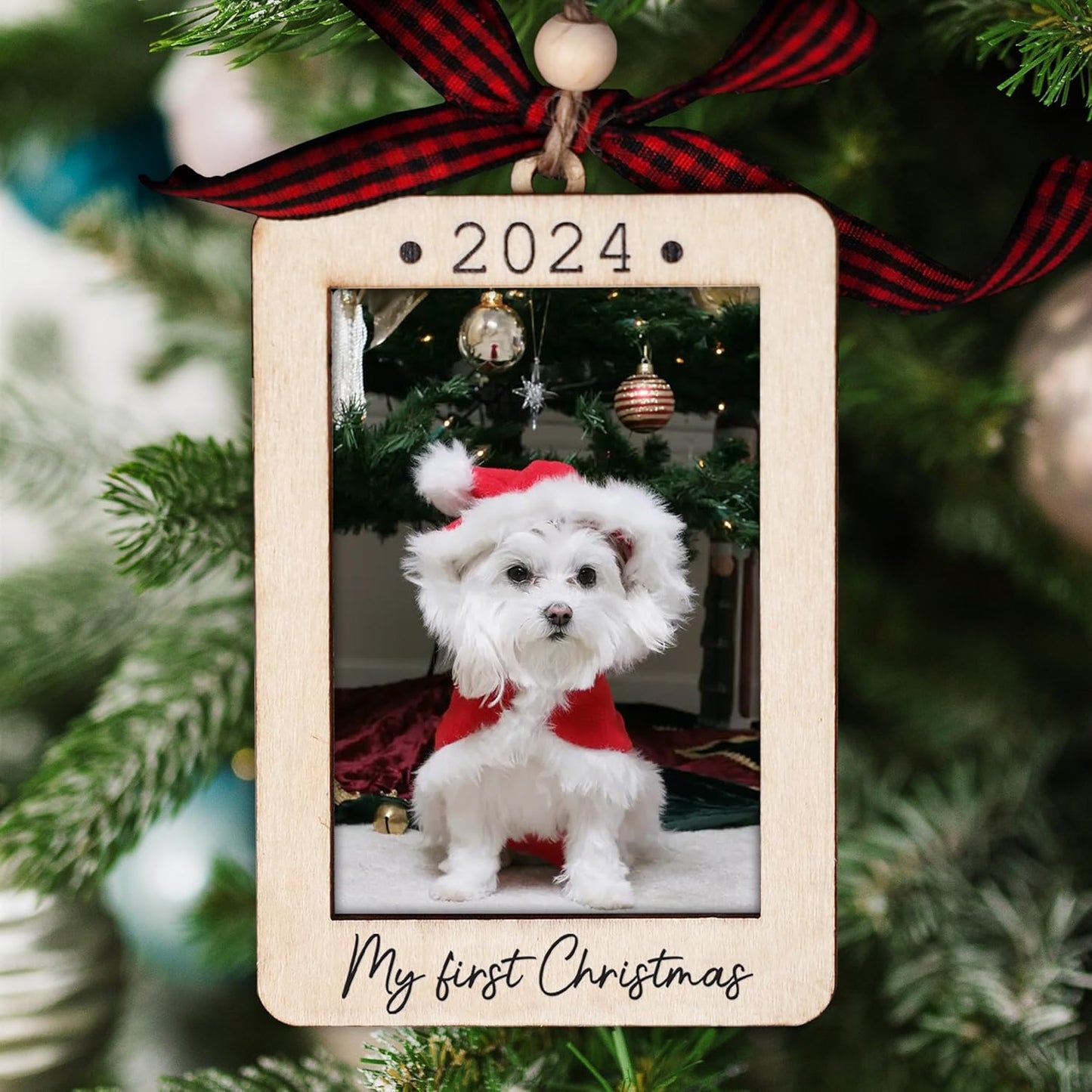 Christmas Photo Frame Ornament, 2025 Ornament, Wooden Picture Frame Ornaments With Hanging String (Dog)