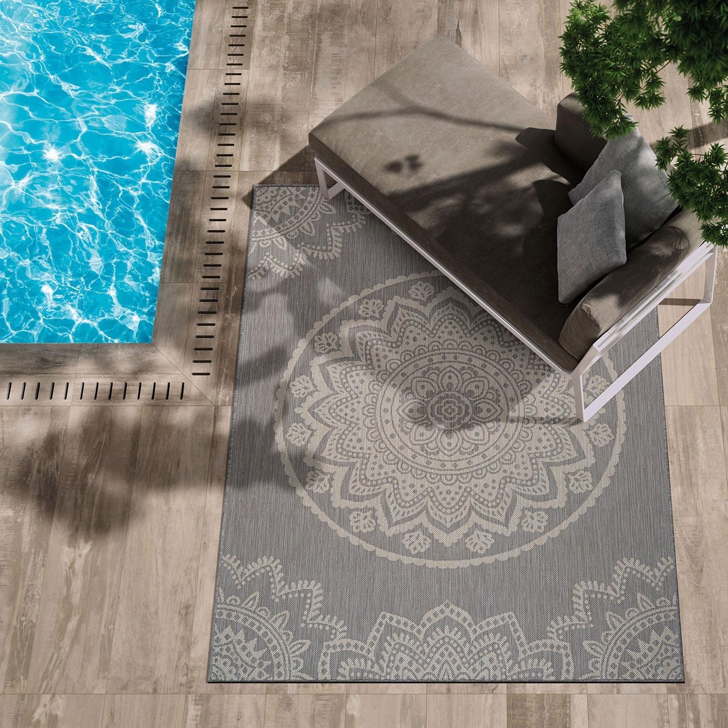 CAMILSON Outdoor Rug 9x12 Modern Area Rugs for Large Indoor and Outdoor Patios and Porches - Waterproof Washable Non-Shedding Easy-to-Clean Outside Carpet (9 x 12, Medallion - Grey/White)