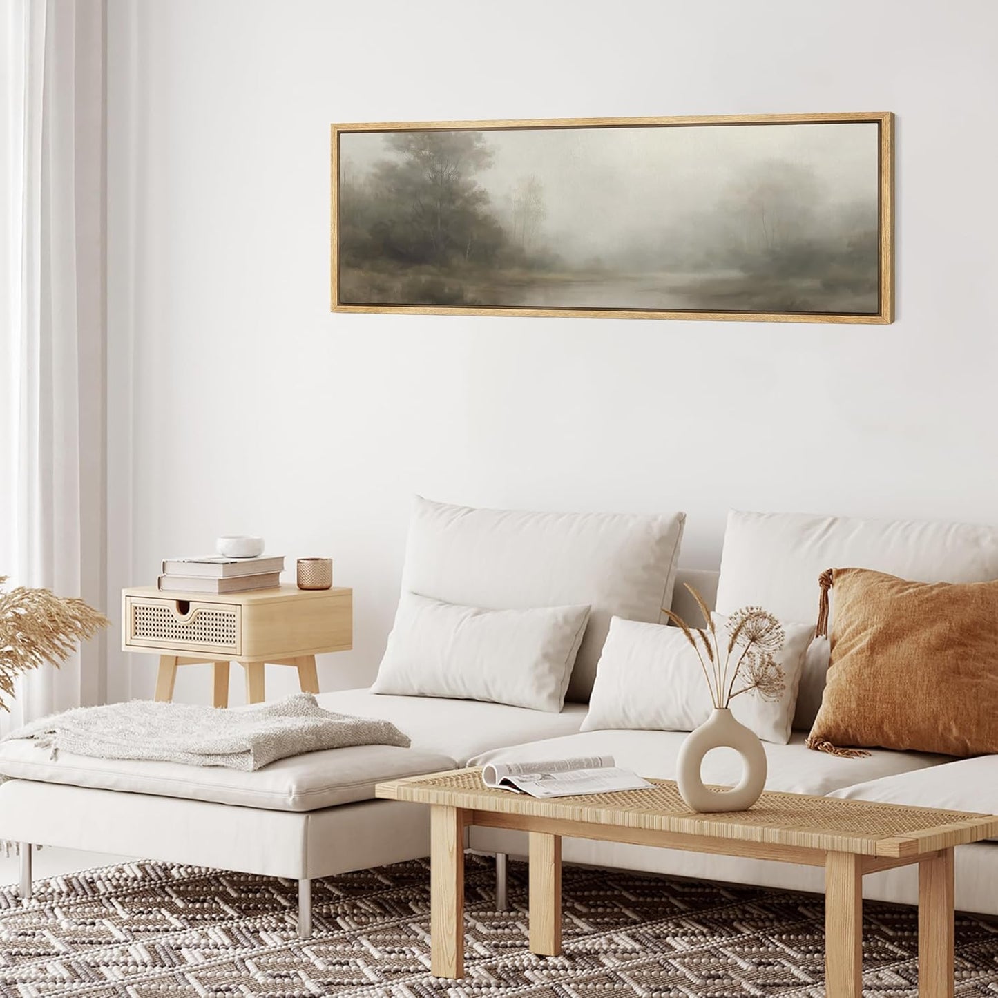 MUDECOR Large Framed Canvas Print Wall Art Misty Forest River Landscape Neutral Tones Nature Illustrations Decorative Colorful for Bedroom - 60"x20"