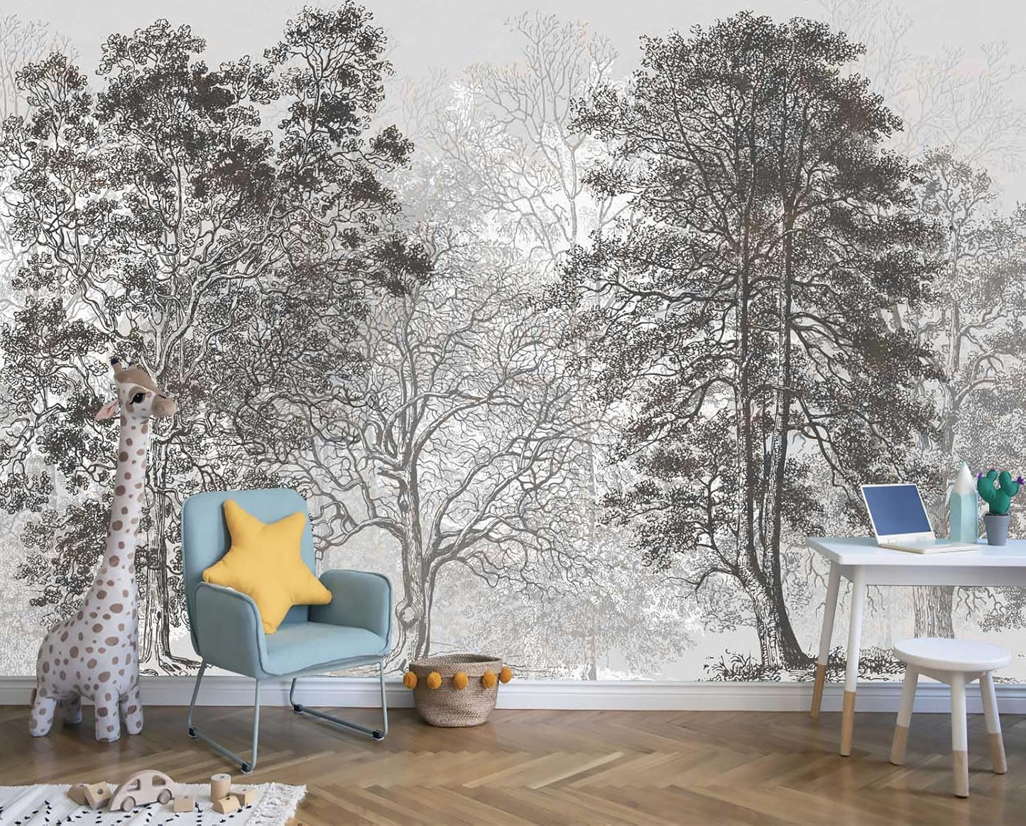 Vintage Forest Mural Wallpaper Gray Trees Woodland Wallpaper Bedroom Living Room Large Art Mural Vintage（Not Peel and Stick）