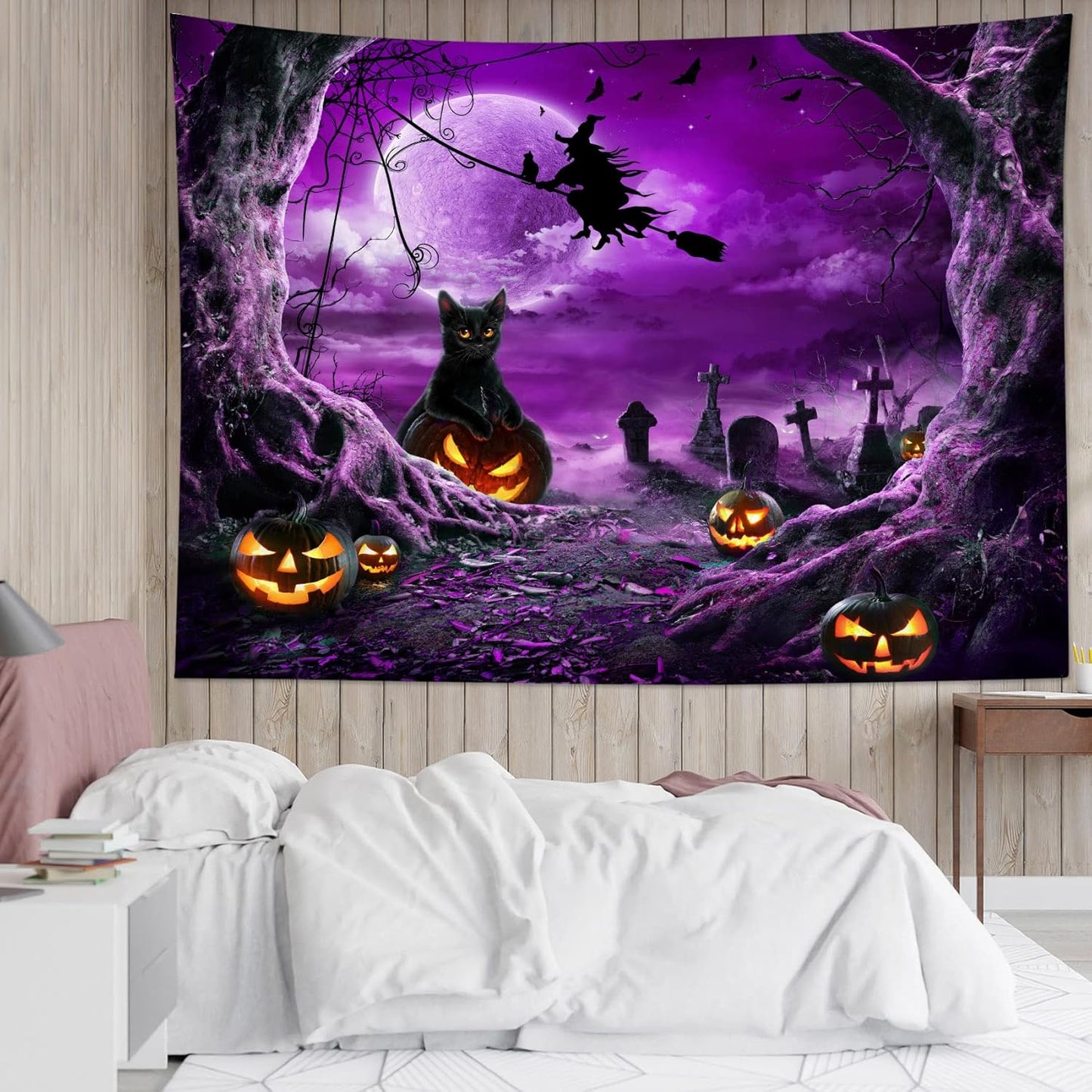 LB Halloween Wall Art: Horror Witch Cat & Dead Tree Pumpkin Lights with Spooky Graveyard Purple Full Moon Wall Tapestry for Bedroom & Living Room, 59x51 Inches