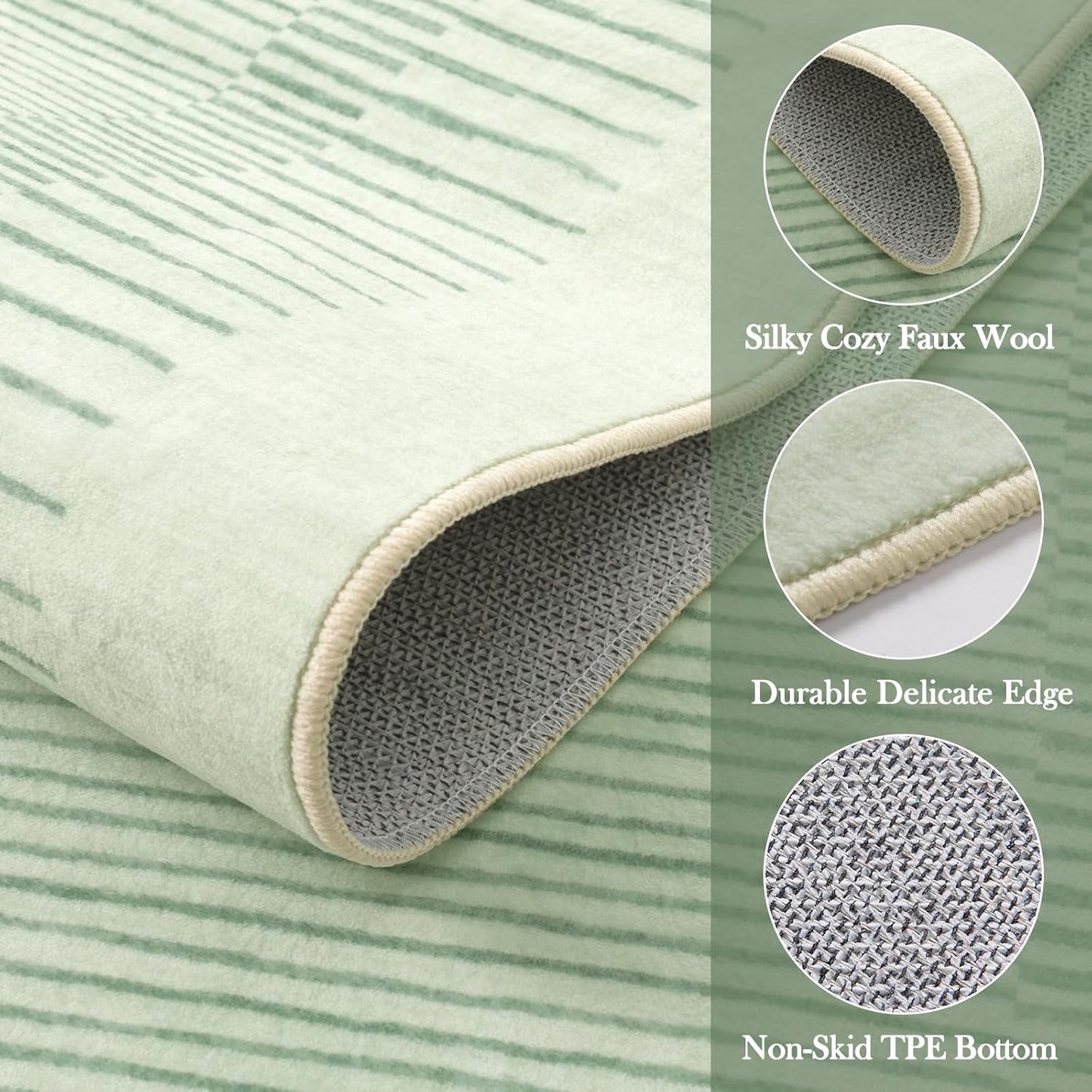 Wonnitar Washable Green Striped Runner Rug for Hallway 2'6"x8', Non-Slip Soft Runner Rug for Bedroom, Low Pile Minimalist 8ft Carpet Runner for Bathroom Laundry Kitchen (Green, 2'6" x 8')