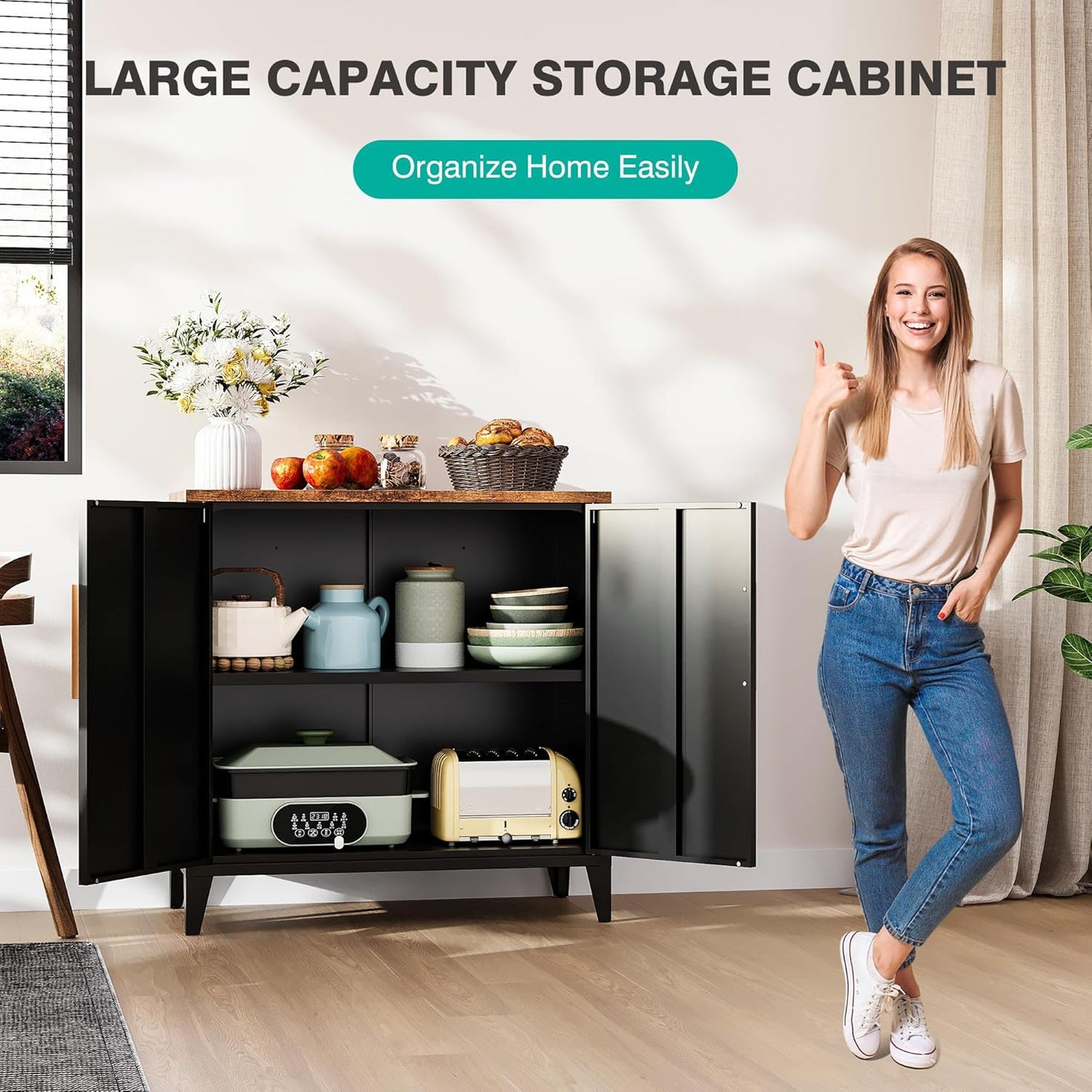 SISESOL Black Storage Cabinet with Doors and Shelves,30 inch Pantry Cabinet Sideboard with Leg,Small Accent Cabinets with Storage,Side Floor Cabinets for Home,Kitchen,Coffee Bar,Dining/Living Room