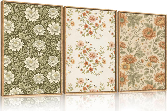 Vintage Pastoral Floral Framed Canvas Wall Art Set, Boho Colorful Flower Wall Decor, Peony Wildflower Wall Painting, Retro Botanical Art Prints for Living Room, Bedroom, Office - 16"X24"X3