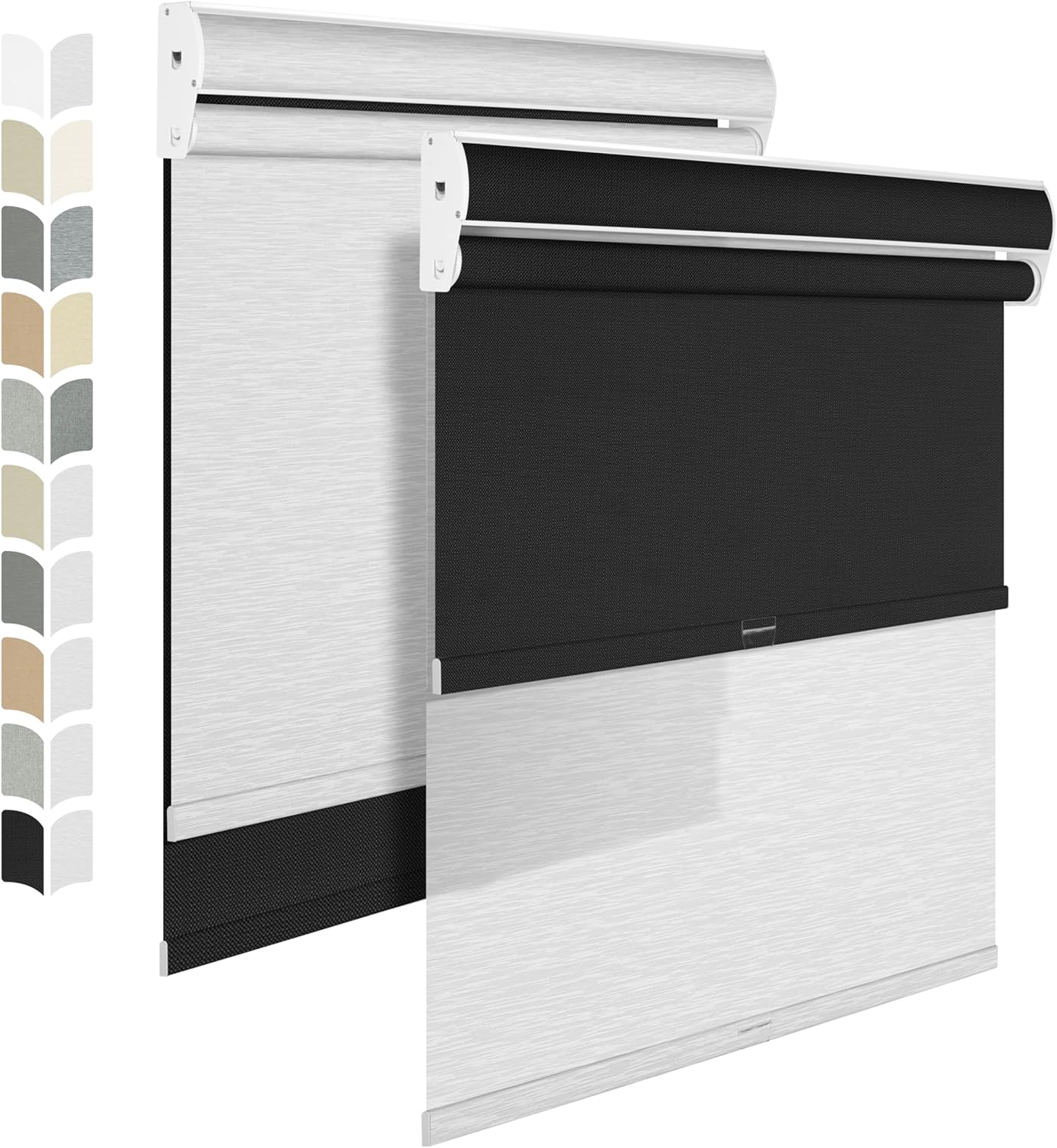 BERISSA Cordless Dual Roller Shades with Cassette Valance, Double Shades - Blackout and Light Filtering, Day and Night for Home Office Door. Linen Black and White. 52 W x 80" H
