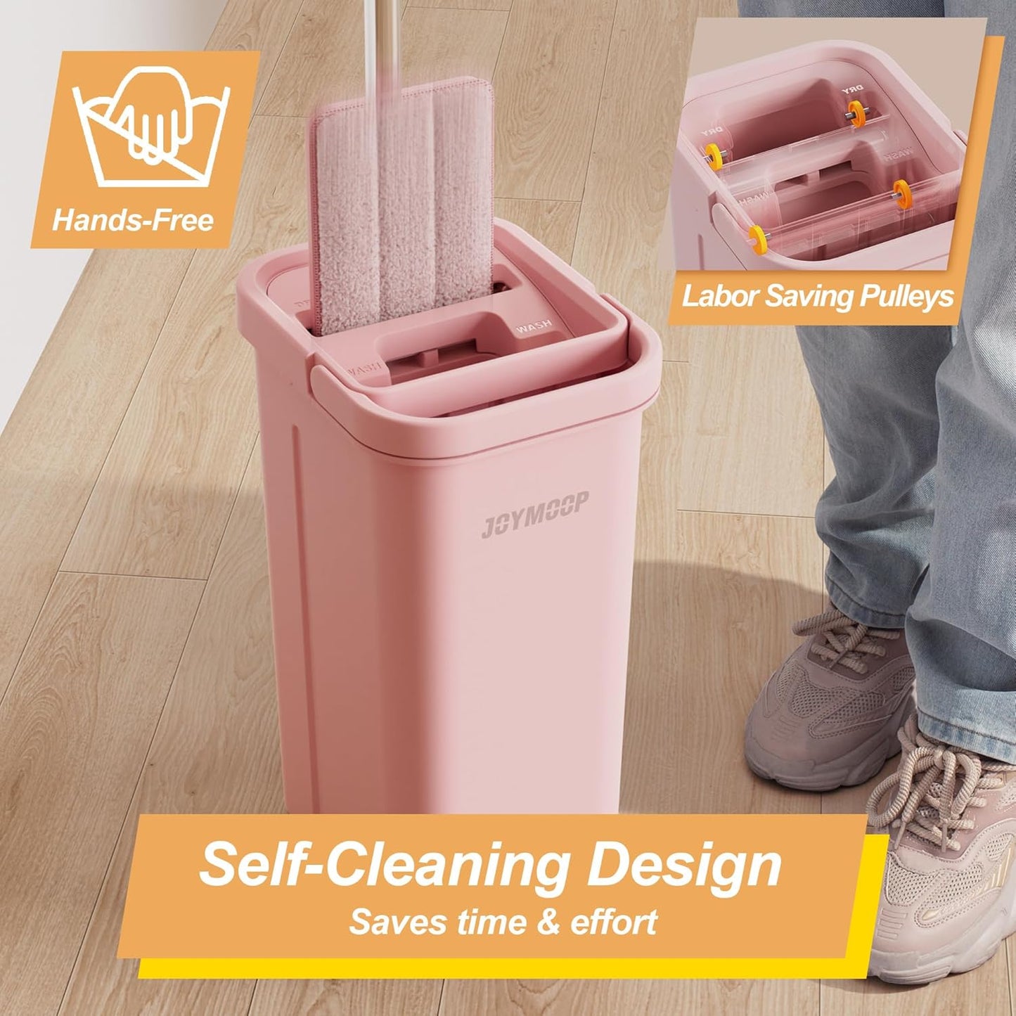 JOYMOOP Pink Mop and Bucket with Wringer Set for Home, with 5 Reusable Microfiber Mop Pads, Hands-Free Self-Cleaning System, Suitable for Floor Cleaning and Wall Cleaner