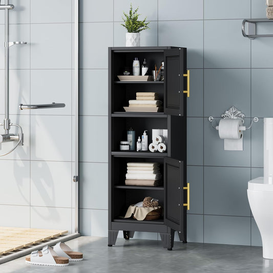 47.24" H Metal Narrow Bathroom Storage Cabinet Pantry Storage Cabinet, 2 Adjustable Shelves for Kitchen, Home Office, Living Room, Dinning Room (Black)
