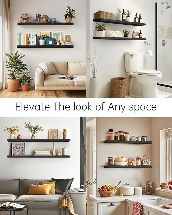 BAYKA Floating Shelves, 48 inches Long Heavy Duty Wall Mounted Rustic Wood Shelves for Bathroom, Bedroom, Living Room, Kitchen, Office, Hanging Shelf for Books/Storage/Decor(Black,Set of 2)