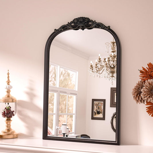 Keonjinn Black Vintage Arched Mirror for Wall, 16" x 24" Antique Mirrors with Metal Frame, Baroque Style Decoration for Mantle, Bathroom, Living Room, Fireplace, Bedroom, French Cleat Mounting