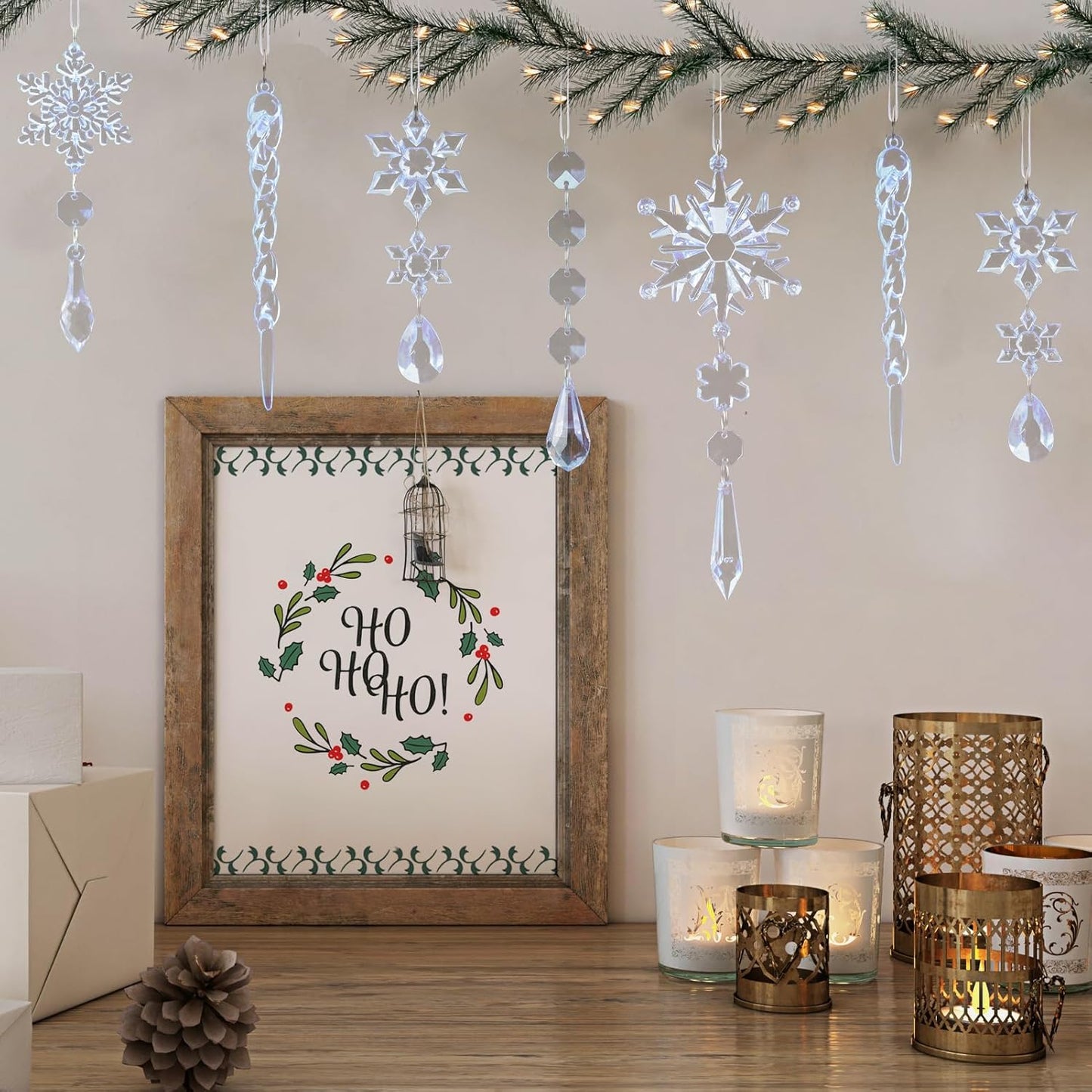 32pcs Crystal Christmas Ornaments for Christmas Tree Decorations-Blue Hanging Acrylic Snowflake and Icicle Ornaments with Drop Pendants for Xmas Winter Wonderland New Year Party Decorations Supplies