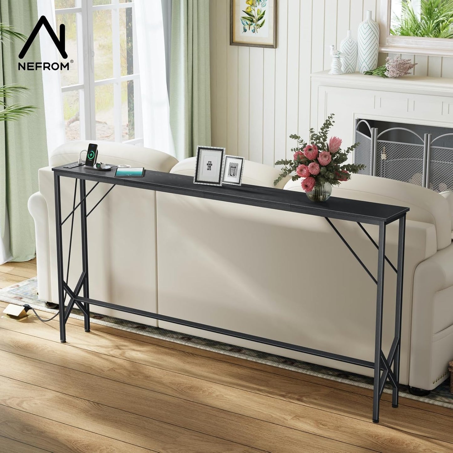 63'' Console Table, Skinny Entryway Table with Fast-Charging Station, Narrow Long Sofa Table, Behind Slim Couch Table for Entrance, Hallway, Living Room Decor ST-BK160-1