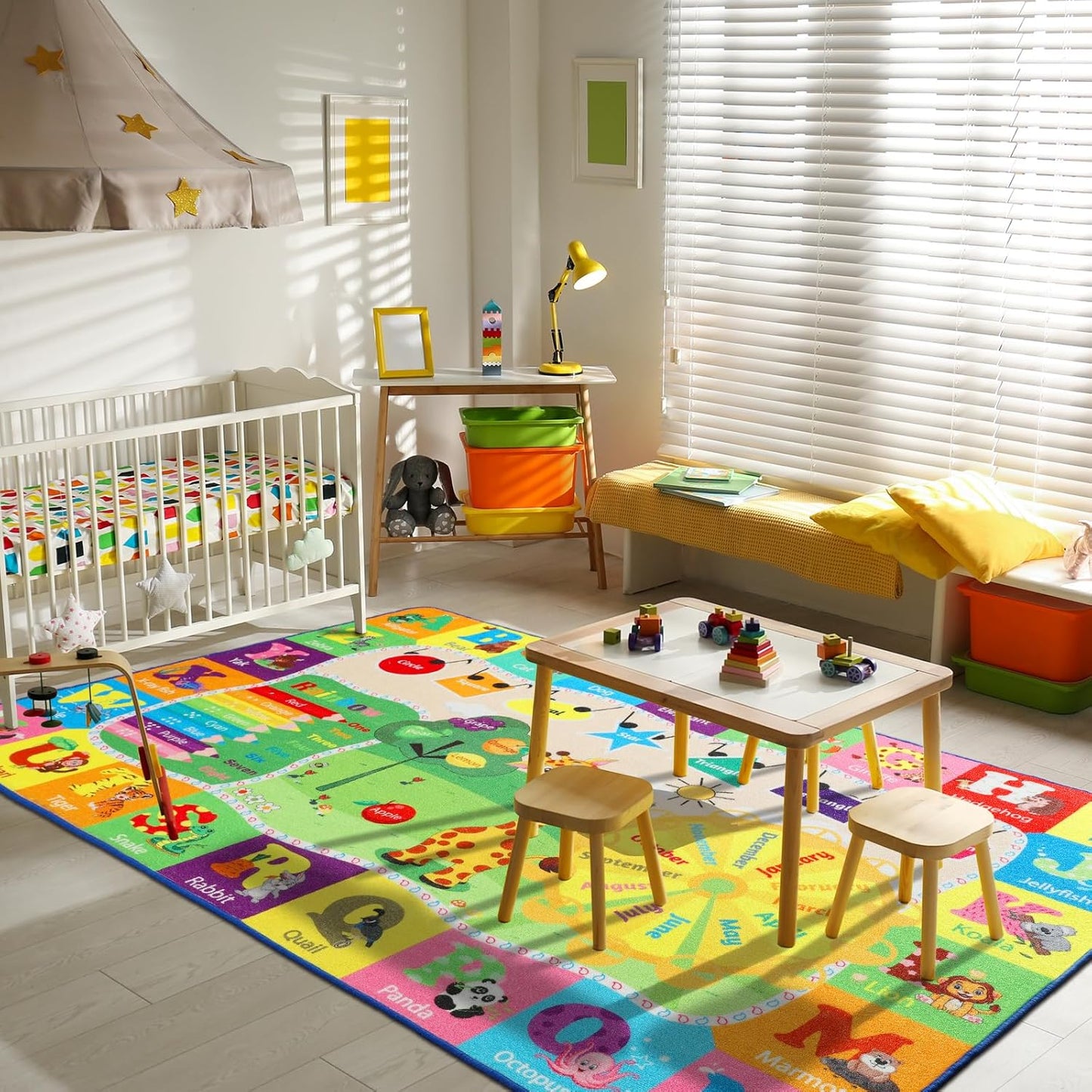 7x10 Playroom Rugs for Kids Washable, Educational and Fun Playmat with ABC Alphabet Animals Shapes Colors, Non-Slip Play Mat Learning Rugs for Baby Toddler Children Game Activity
