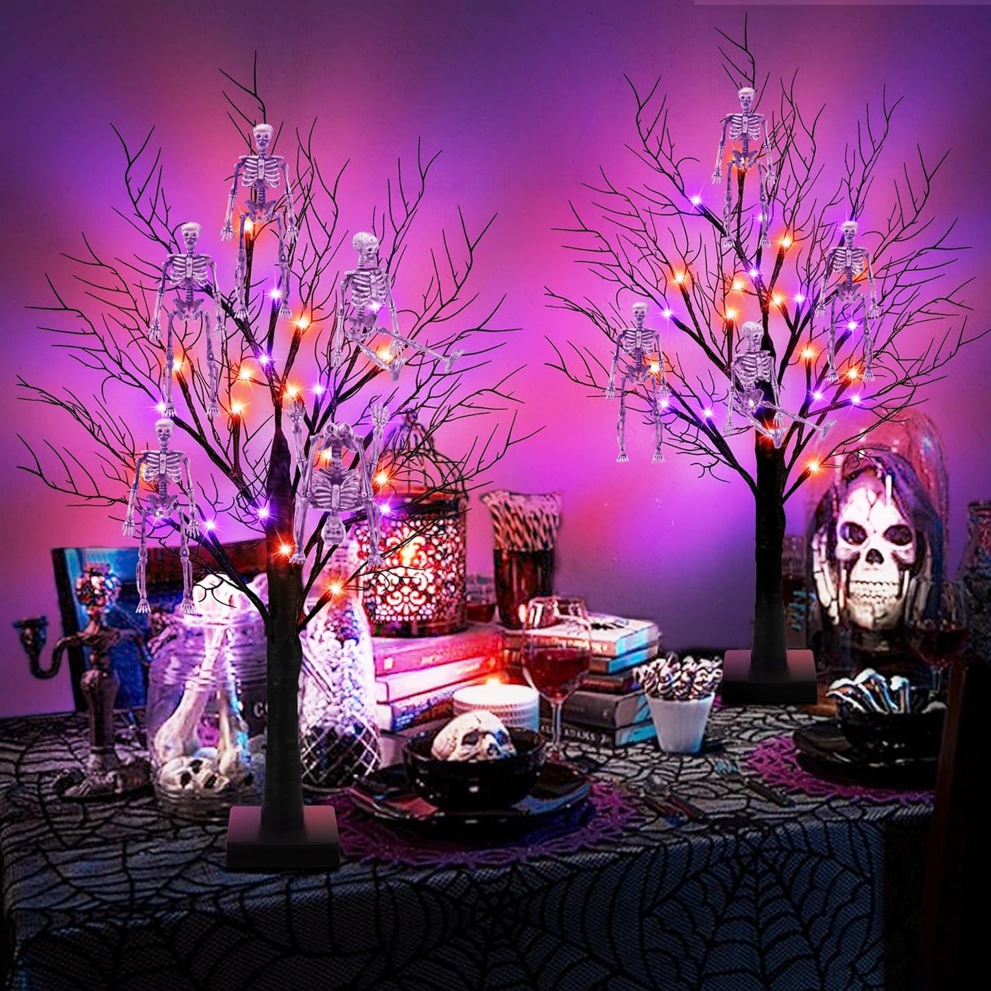 24 Pcs mini skeleton halloween decoration With hemp rope，6”small plastic posable halloween tiny skeleton figurines decor for Halloween Indoor Outdoor Graveyard Decor Haunted House Party Favors