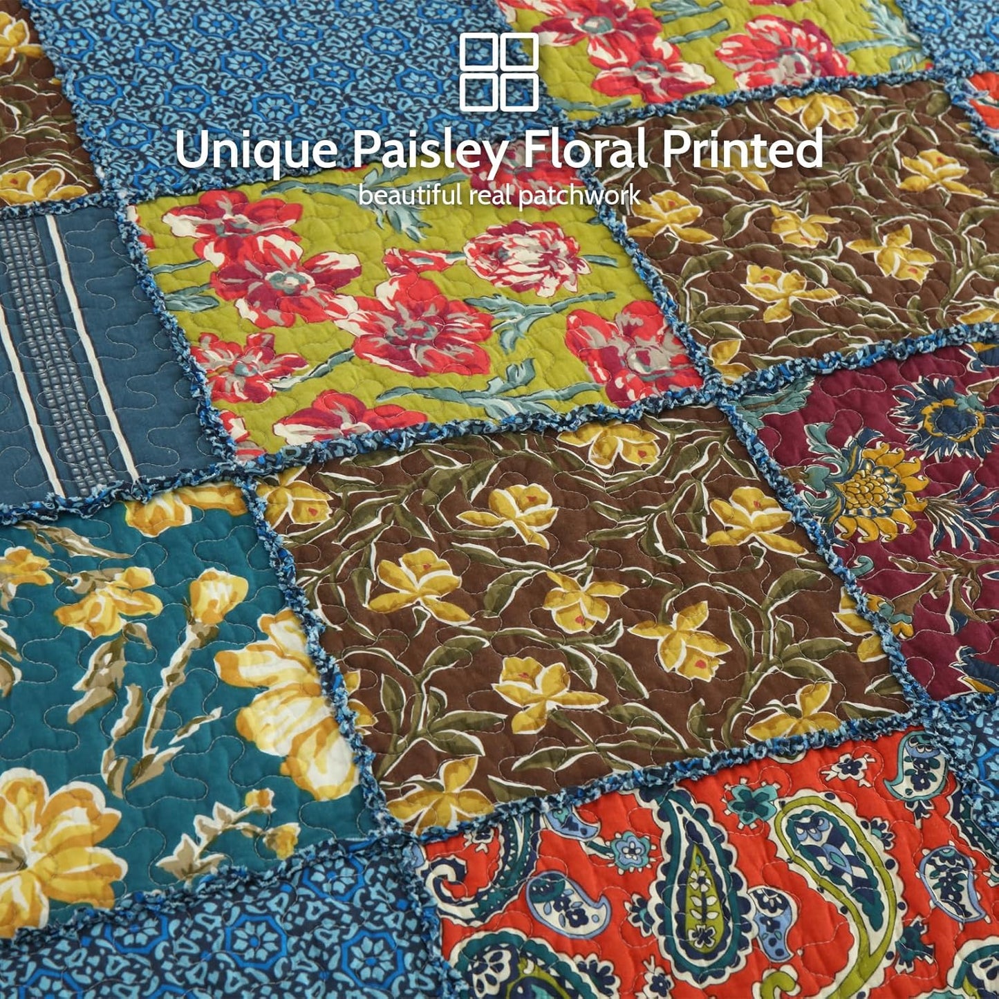 Yvooxny Queen Quilt Set Reversible Paisley Queen Size Quilted Bedspread Coverlet Set Country Farmhouse Cottage Quilted Bedding Set with Pillowcases for All Seasons, Queen Size, 98 * 90 Inches