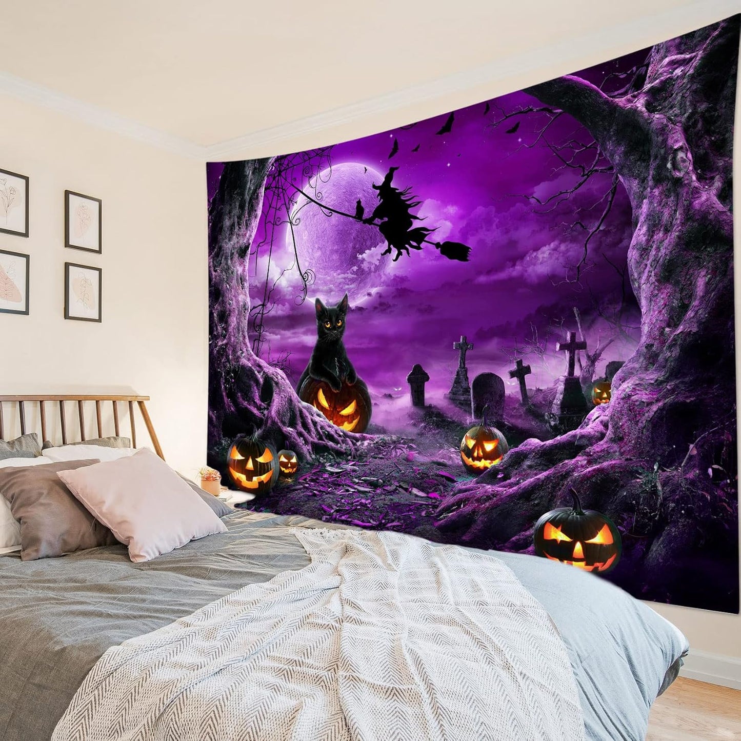 LB Halloween Wall Art: Horror Witch Cat & Dead Tree Pumpkin Lights with Spooky Graveyard Purple Full Moon Wall Tapestry for Bedroom & Living Room, 59x51 Inches
