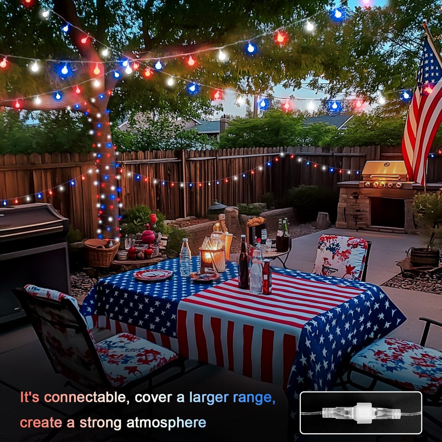 JMEXSUSS Connectable Red White and Blue Lights Indoor Outdoor, 100 LED 33ft 4th of July Decorations Light Plug in, 8 Modes Globe String Lights with Remote for Independence Day Party Patriotic Decor