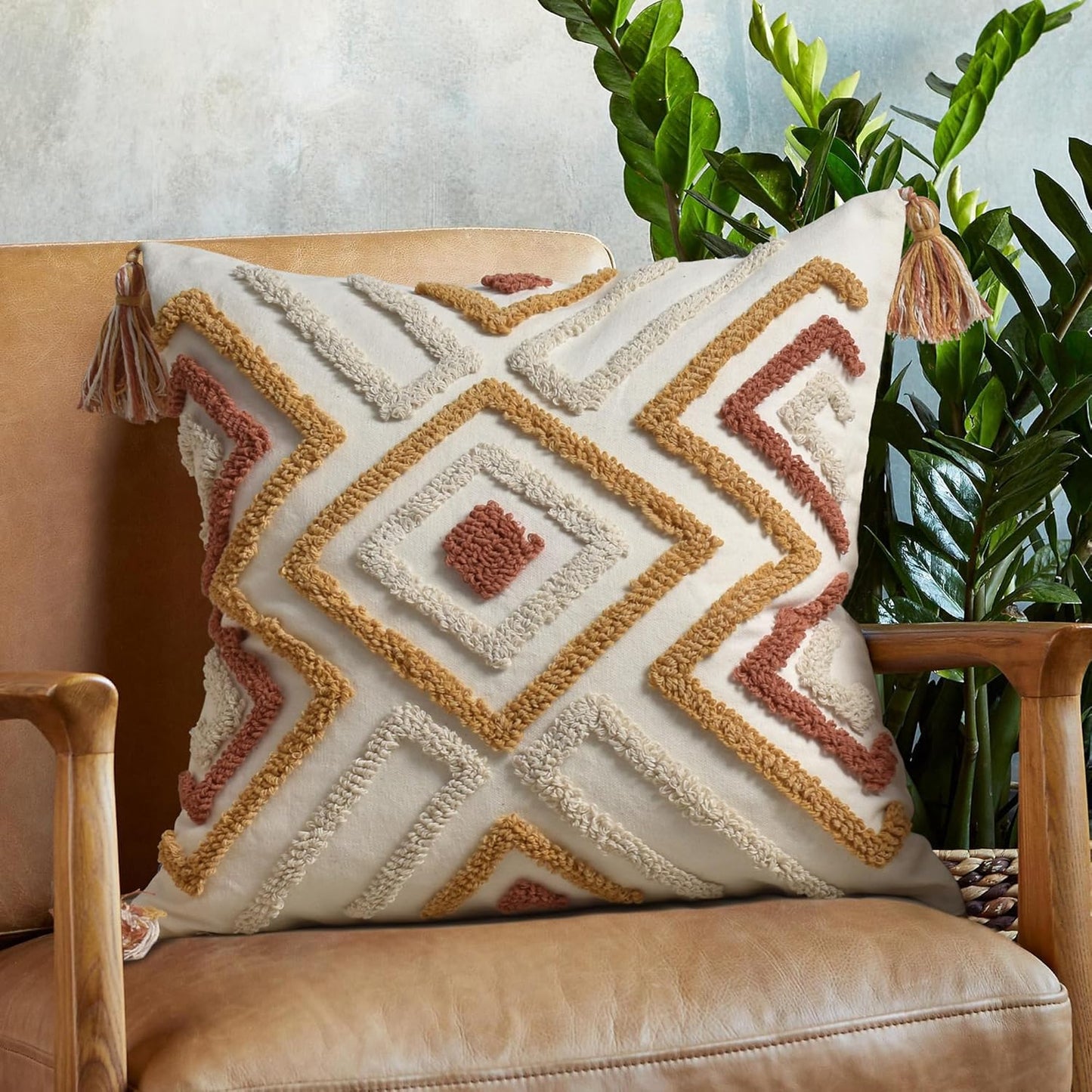 Boho Pillow Covers 18X18 Inch Boho Tufted Throw Pillow Covers Decorative Tassels Cushion Cover Farmhouse Pillow Case for Couch Sofa Bed Living Room Bedroom, Rust