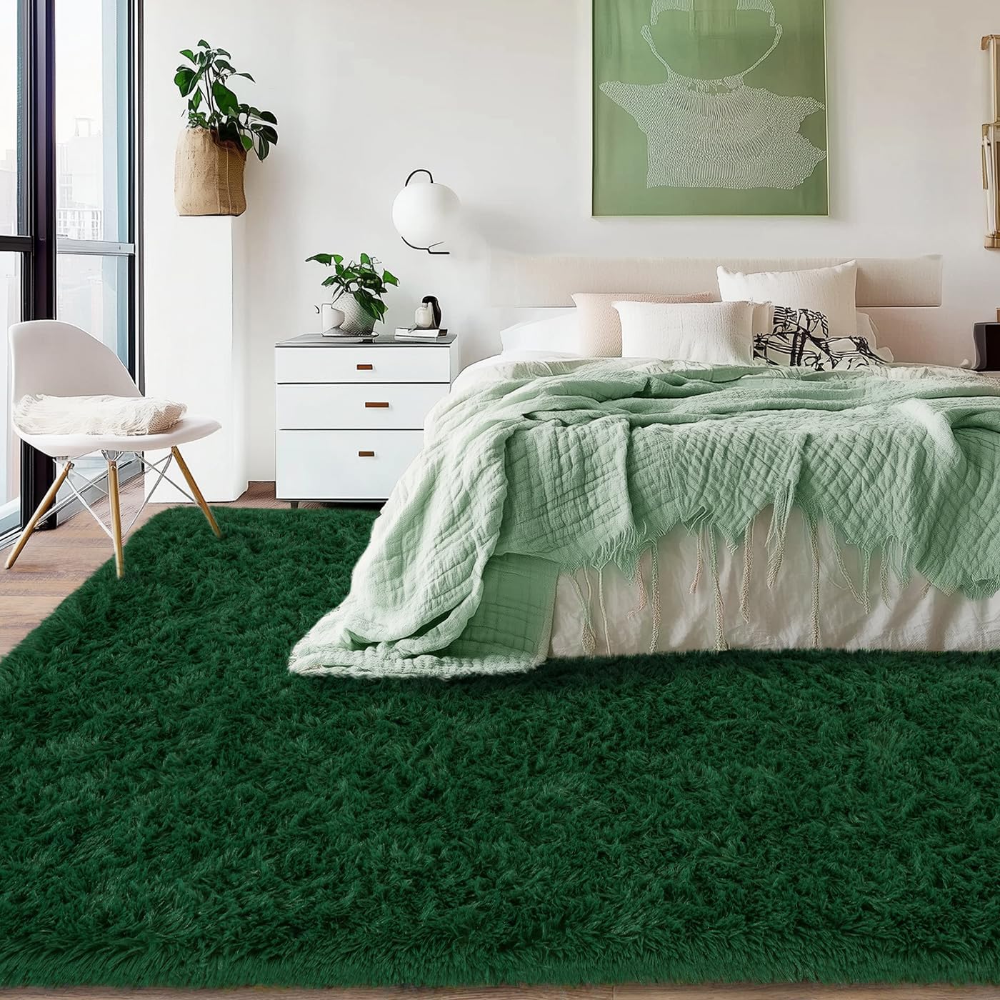 Rezutan 5x7 Feet Shaggy Area Rug - Super Soft Plush Fuzzy Modern Living Room Bedroom Rug for Kids, Non-Slip Nursery Classroom Home Decor, Dark Green