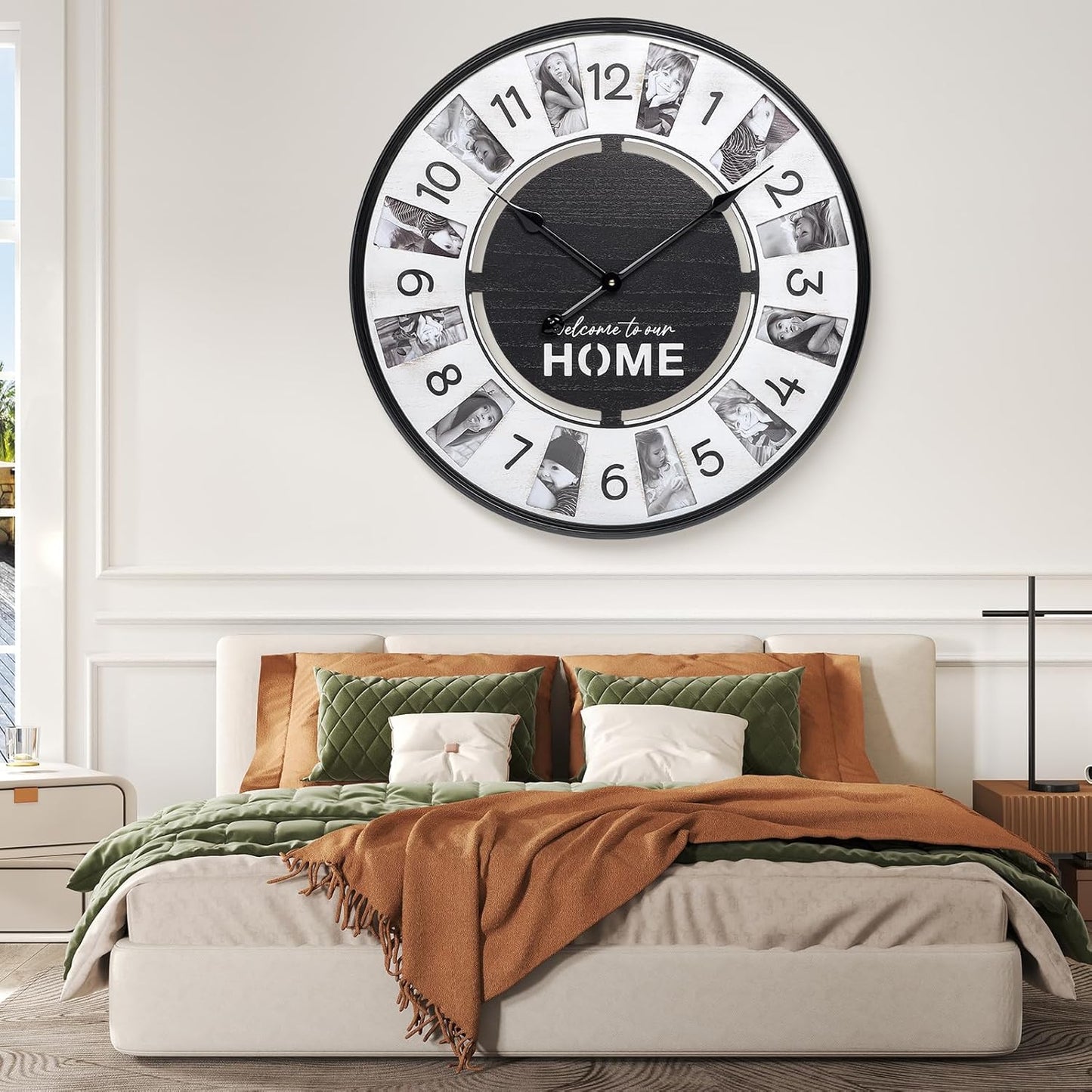 12 Photo Collage Rustic Farmhouse Wood Wall Clock,Large Wall Clock for Living Room Decor, Modern Big Wall Watch Battery Operated Decorative Clock with Personalized Frames for Bedroom,Wall Black