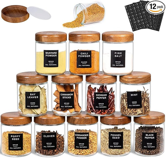 Yangbaga 12Pcs Glass Spice Jars with Labels-8oz Acacia Wood Lid Square Spice Containers,Seasoning Jars for Rack Cabinet Drawer,KitchenPantry Daily Use
