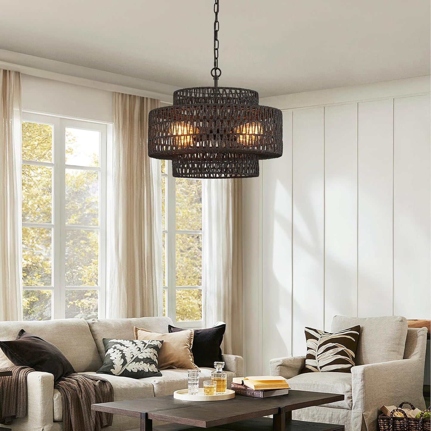 Hand-Woven Rattan Chandelier Vintage 4-Lights Farmhouse 17.7" Boho Bamboo Chandeliers Light Fixture Retro 3-Tier Drum Wicker Rattan Black Chandelier for Dining Room, Kitchen, Bedroom,Foyer