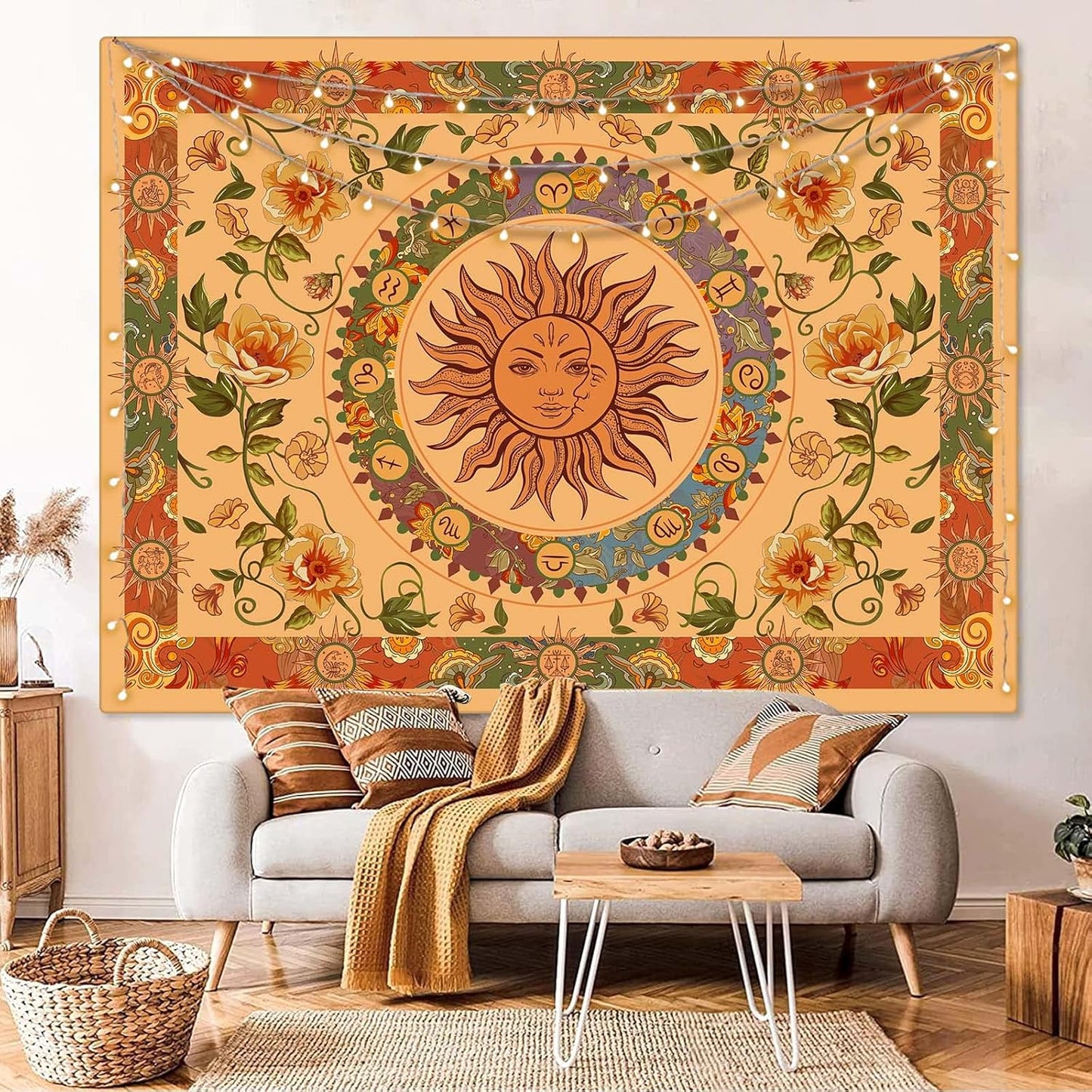 Aipon Yellow Sun and Moon Tapestry Hippie Indie Tapestries Boho Orange Flower Floral Tapestry Wall Hanging Cool Vintage Aesthetic Wall Tapestry for Bedroom Living Room Dorm (48'' × 36'', Orange)