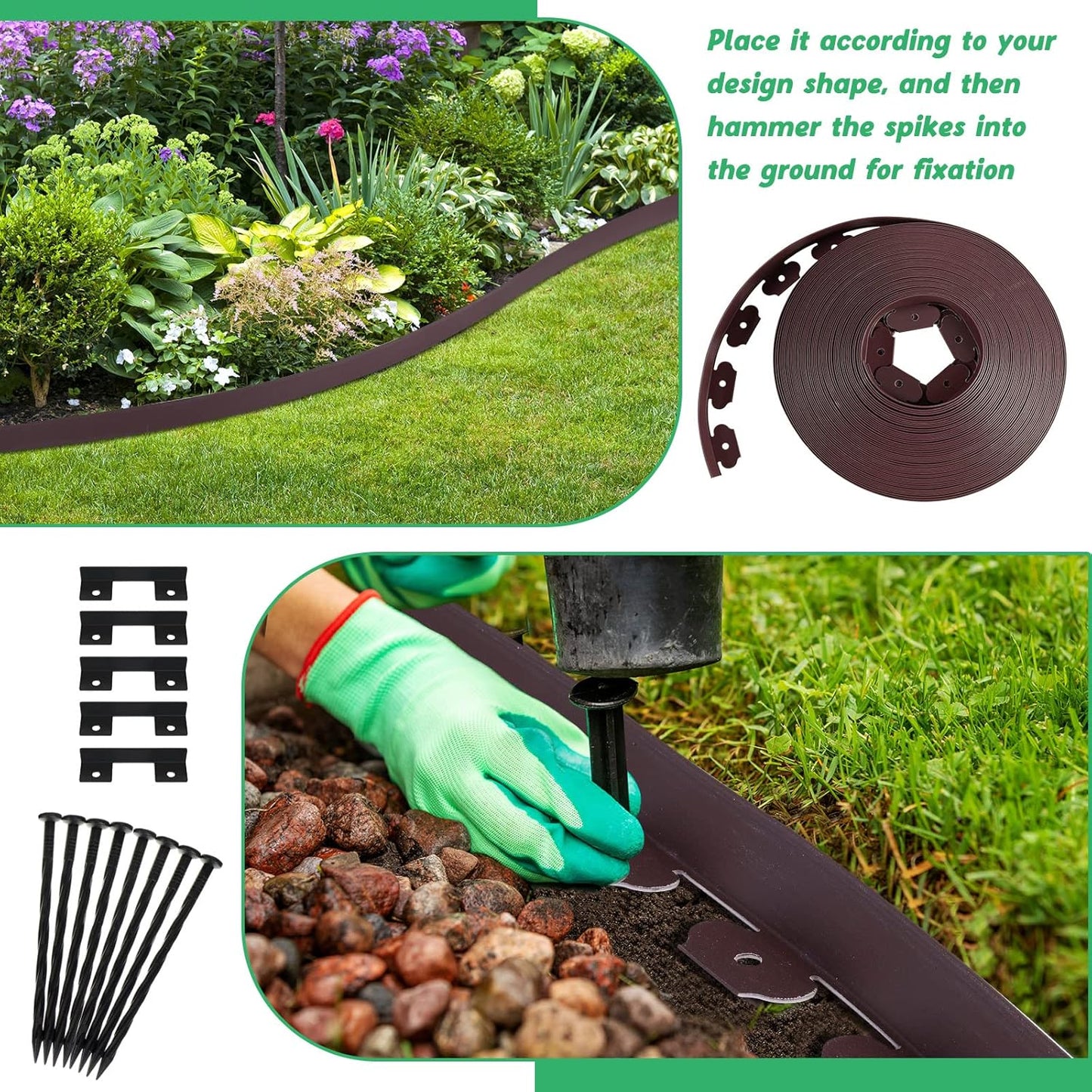Queekay Landscape Edging Kit 148 ft with 70 Spikes 20 Connectors Plastic Border for Garden, Lawn, Yard, Pathway(Brown,2 Inch)