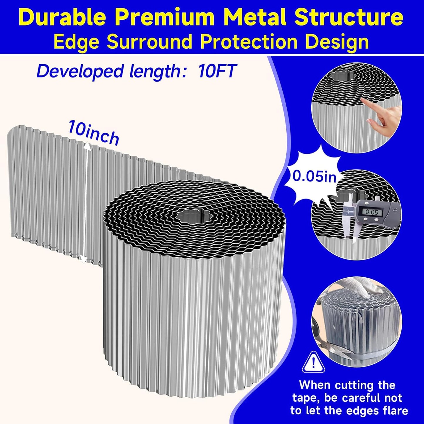 Corrugated Garden Edging, 10"×10Ft Galvanized Steel Landscape Edging & Lawn Edging Border, Metal Garden Border for Flower Beds, Garden，Lawn，Raised Beds & Tree Surrounds (Silver)