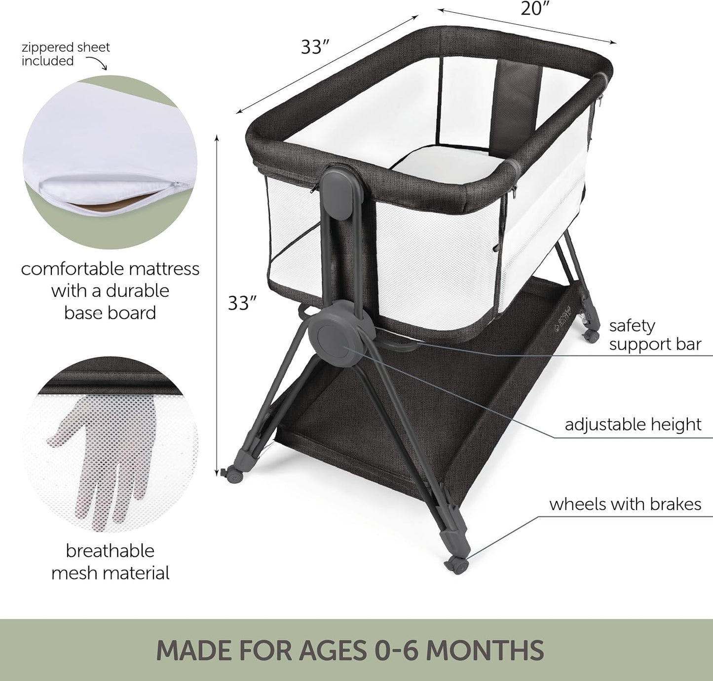 Baby Bedside Sleeper - Bassinet & Bedside Crib with Height Adjustment & Wheels - Can Be Placed Next to Bed - Attaches to Parents Bed - Easy to Fold & Carry Bassinet (Grey)