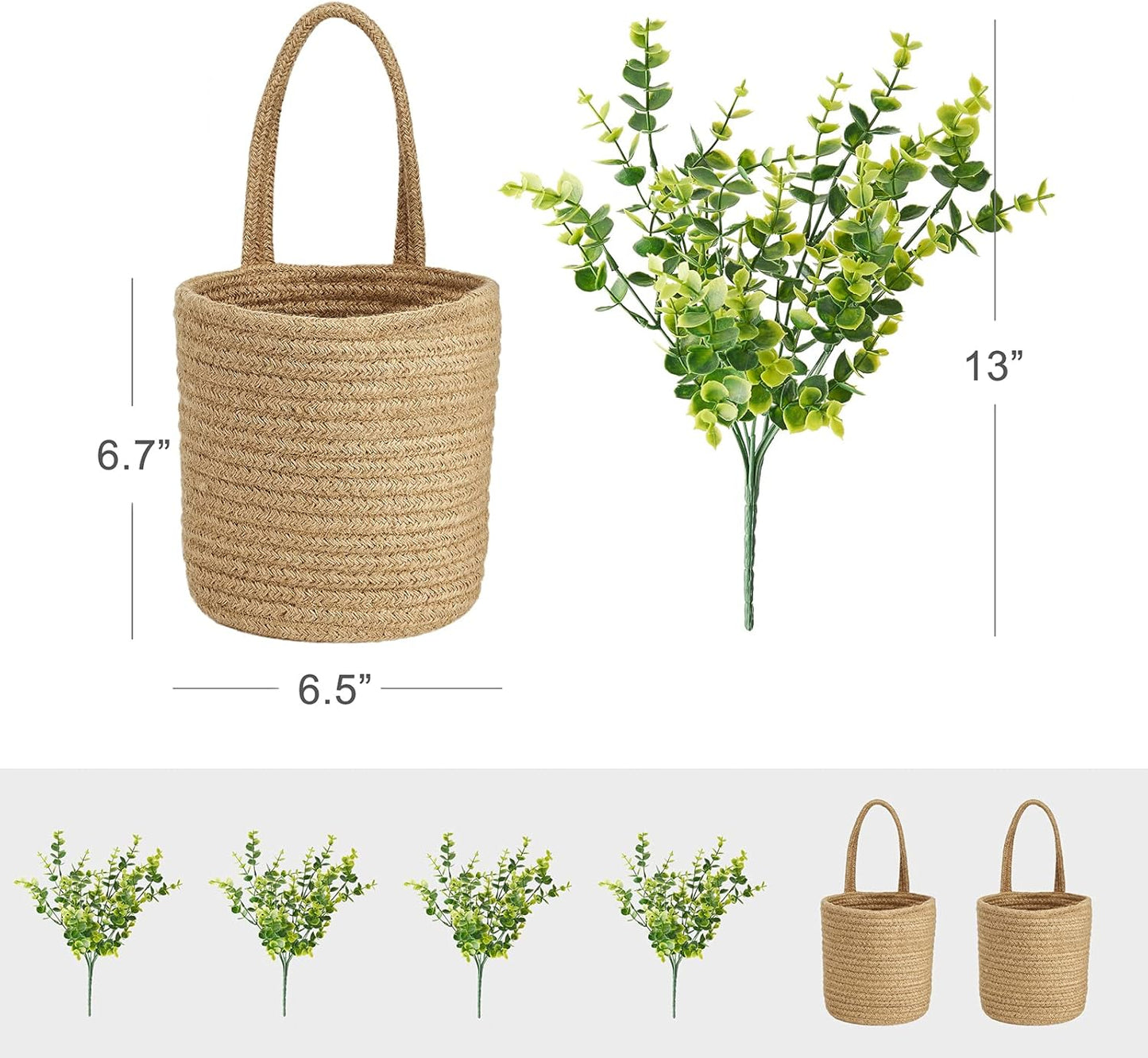 Dahey 2 Pack Wall Hanging Rope Basket with Artificial Eucalyptus Farmhouse Decor, Jute Woven Storage Organizer Flower Plants Basket Set Rustic Wall Decor for Porch Living Room Bedroom Entryway,Brown