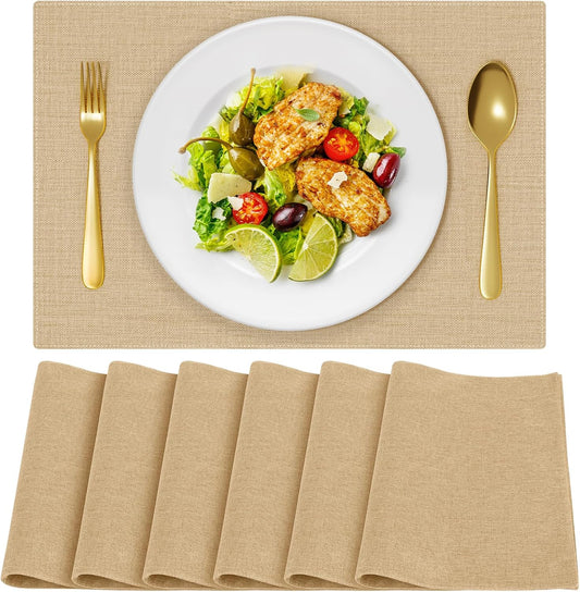 Cloth Placemats, Set of 6 Heat-Resistant Cotton Linen Blend Double Layered Machine Washable Place Mats, Wrinkle Free Thick Fabric Dining Table Mats for Indoors & Outdoors (Cream Beige, 6)