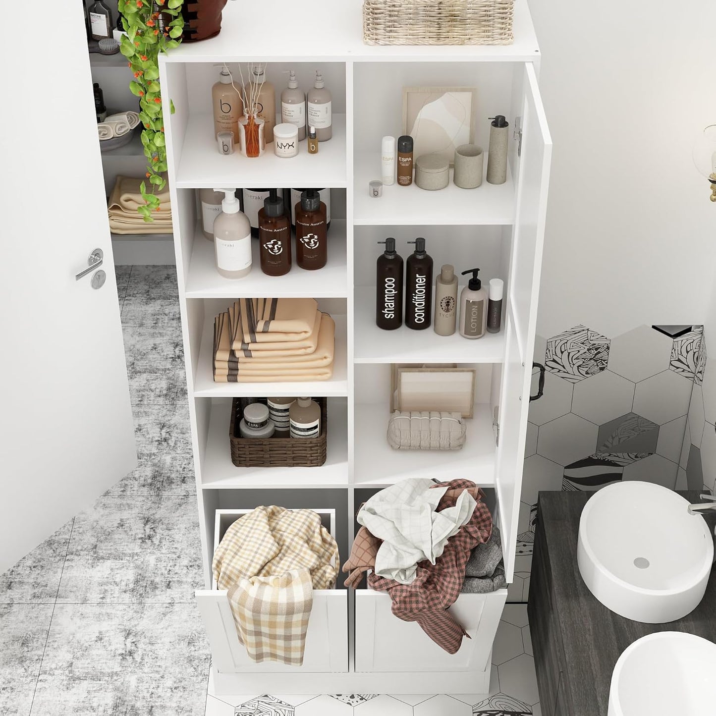 ECACAD Tall Bathroom Storage Cabinet with Shelves and Tilt-Out Laundry Hampers, Freestanding Floor Cabinet for Living Room, Bedroom & Kitchen, White (31.5”W x 13.8”D x 78.7”H)