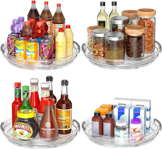 Clear Lazy Susan Organizer Turntable for Cabinet Table Top, 9.25 Inch 4 Pack 360 Rotating Spinning Makeup Organizer for Vanity, Kitchen Storage Rack Heavy-Duty Pantry Spices Tray Countertop Organizer