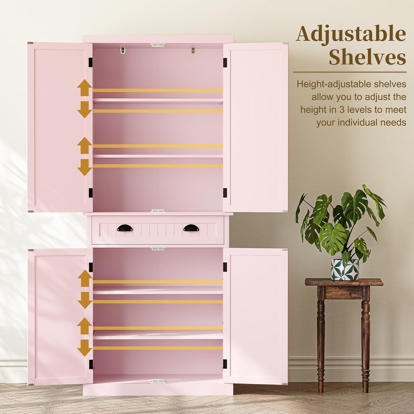 ARTPOWER 72" Tall Kitchen Pantry Storage Cabinet with Drawer and Adjustable Shelves, Pantry Cabinet for Kitchen, Bathroom or Hallway, Pink