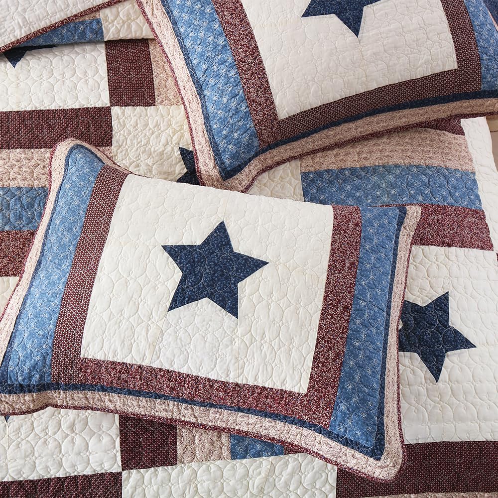 Cotton Bedding Quilt Sets 3 Pieces Reversible Coverlet Sets All Season Boys Real Patchwork Bedspread,Star Pattern,Queen Size