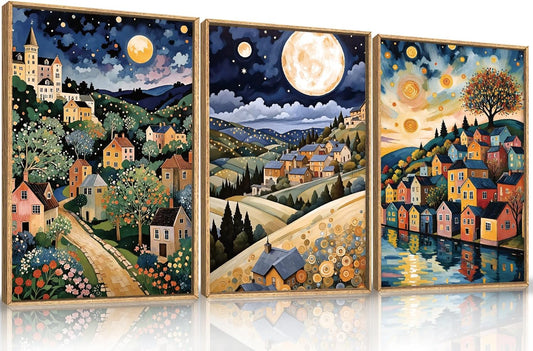 LHIUEM Large Abstract Colorful Framed Canvas Wall Art,Retro Night Village Wall Decor,Natural Moon Stars Wall Painting,Gustav Klimt Scenery Artwork for Living Room,Bedroom,Dining Room,Office -24"x36"x3