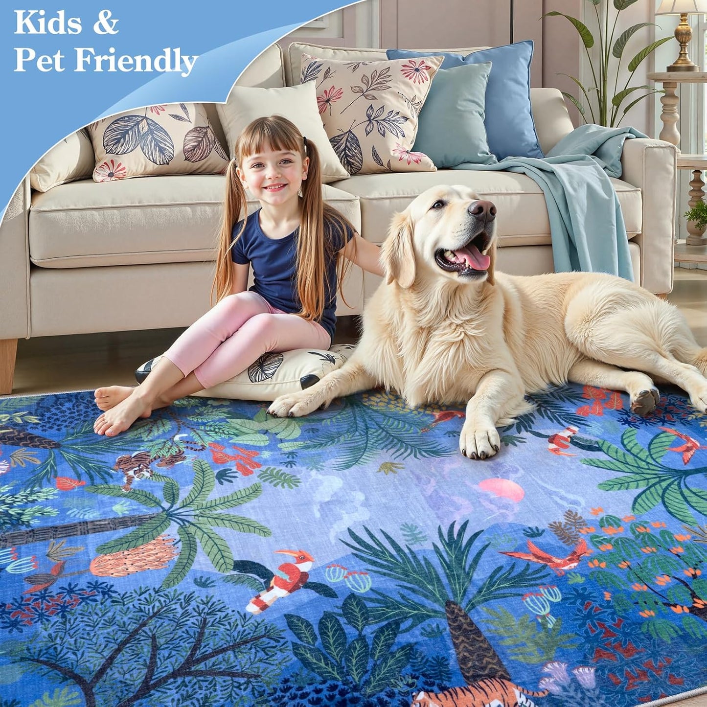 LIVEBOX Washable Jungle Animal Print 5x7 Blue Rug for Living Room, Non-Slip Kids Bedroom Rugs for Boy Playroom Kid Baby Room, Soft Stain Resistant Blue and Green Rug for Nursery Boy Dining